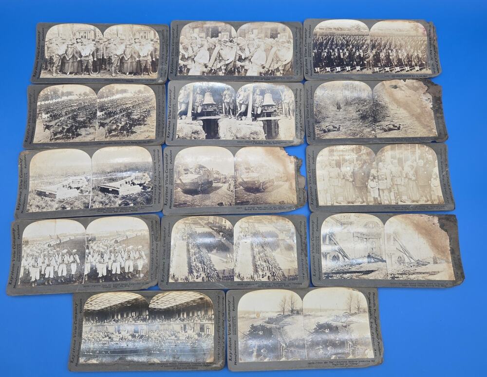Keystone WWI Stereoview Card Lot 14 Trench Tank Pershing Gas Attack Antique